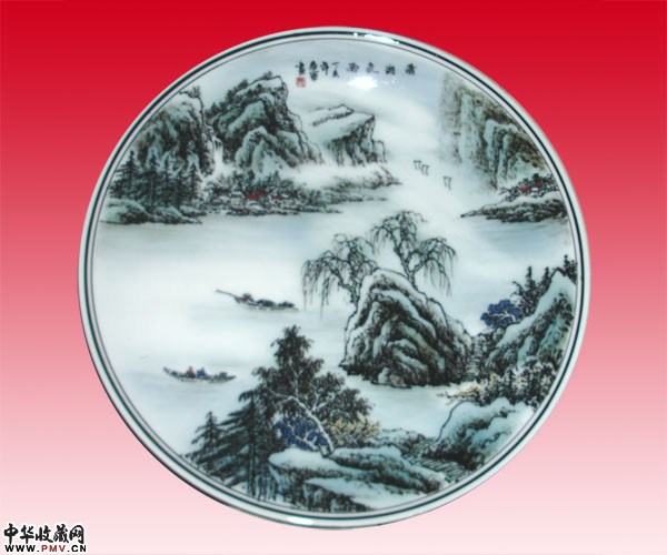 潇湘夜雨，潇湘八景挂盘，人民大会堂陈列瓷