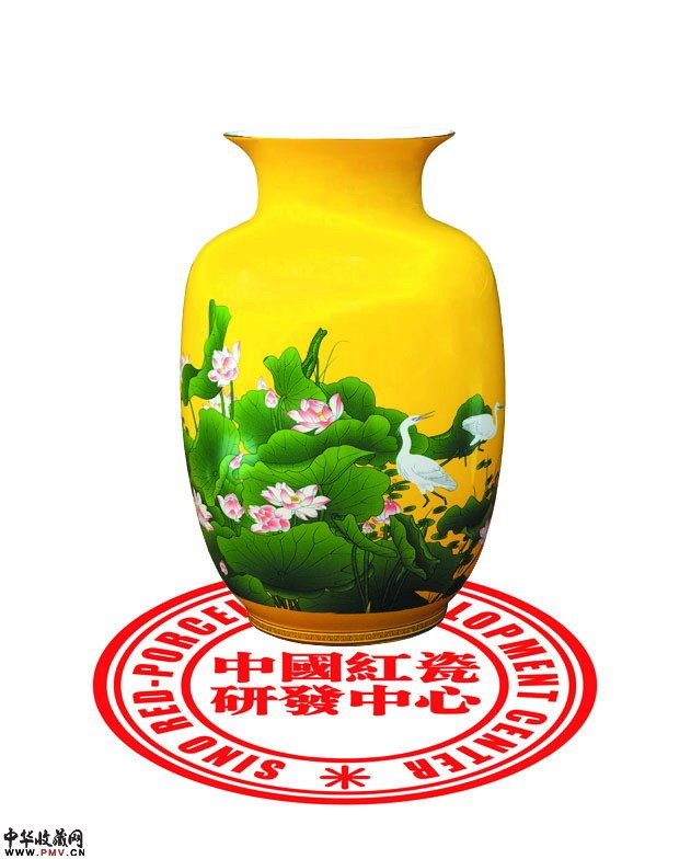荷花将军瓶，宫庭黄瓷花瓶珍贵中国红瓷居家收藏珍品送领导老师朋友 将军瓶