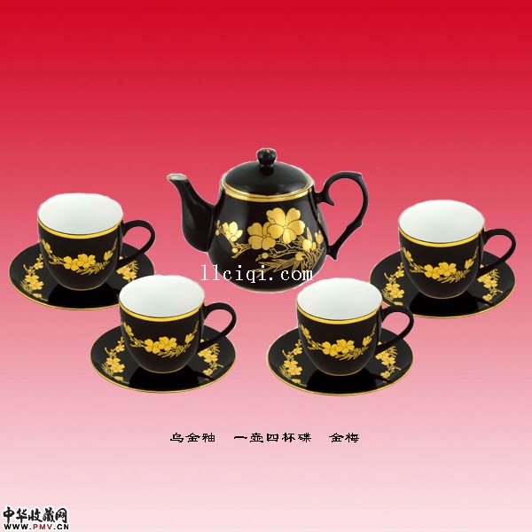 乌金釉，金梅一壶四杯碟茶具套装