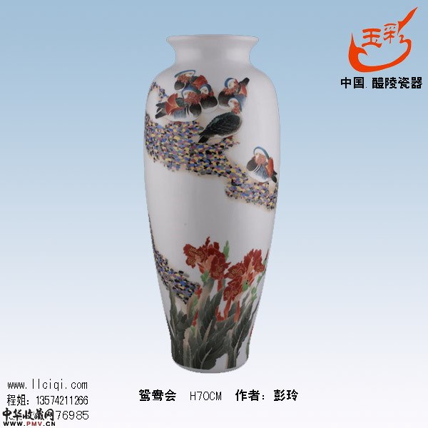 鸳鸯会花瓶H70CM 作者：彭玲（湖南省陶艺大师）名家作品