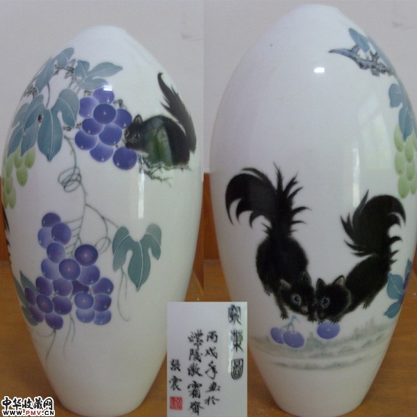 张震作品:葡萄松鼠,湖南省陶瓷大师作品