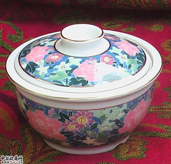 满花茶叶缸，醴陵群力老瓷，双凤棕色底标（1980~1995年间）