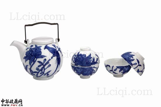 绶带石榴五头灯笼茶具，醴陵产青花茶具，纯手工釉下五彩瓷