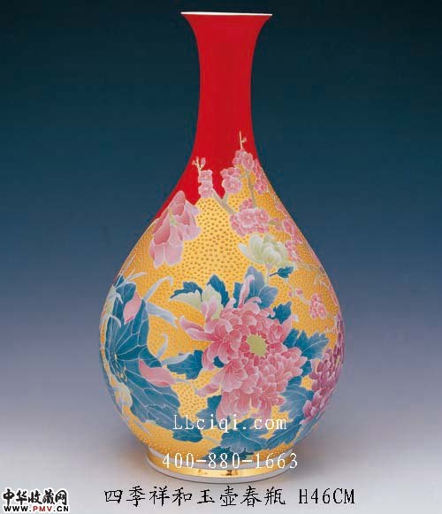 四季祥和玉壶春瓶，H46CM，醴陵陶瓷，醴陵金瓷