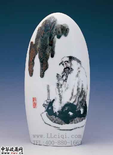 达摩临石图玉石瓶，H33厘米，陈文作品，红官窑