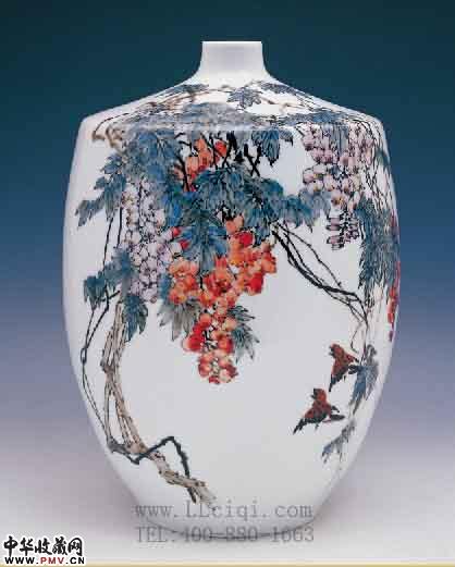 紫雀图多福瓶，手绘醴陵瓷，红官窑花瓶,李日铭作品