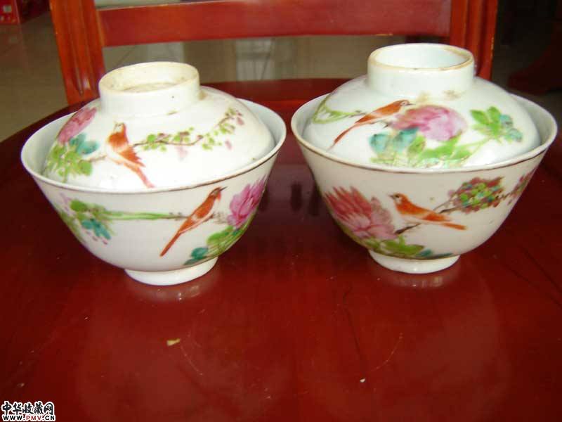 光绪鼎顺粉彩花鸟盖碗一对