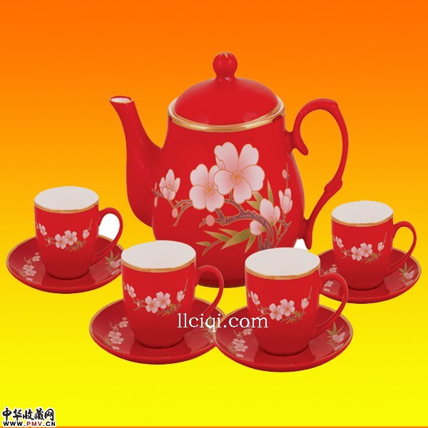 中国红瓷茶具套装 一壶四杯碟（彩梅）