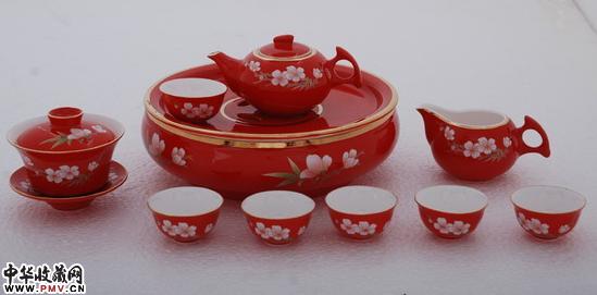 功夫茶具，中国红瓷，彩梅14头功夫茶具，高档红瓷茶具