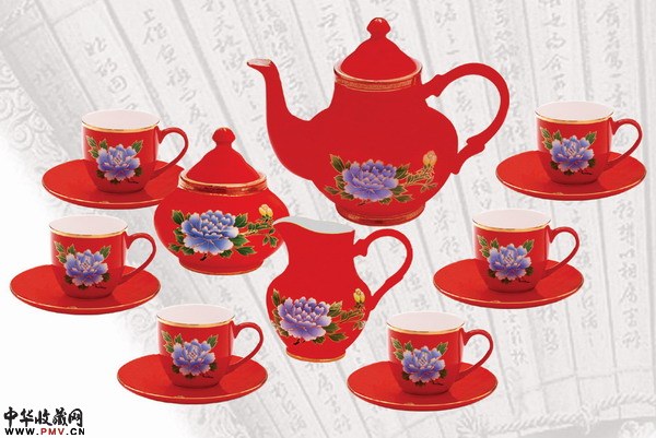 金铃十五头茶具牡丹红瓷茶具，高档茶具，
