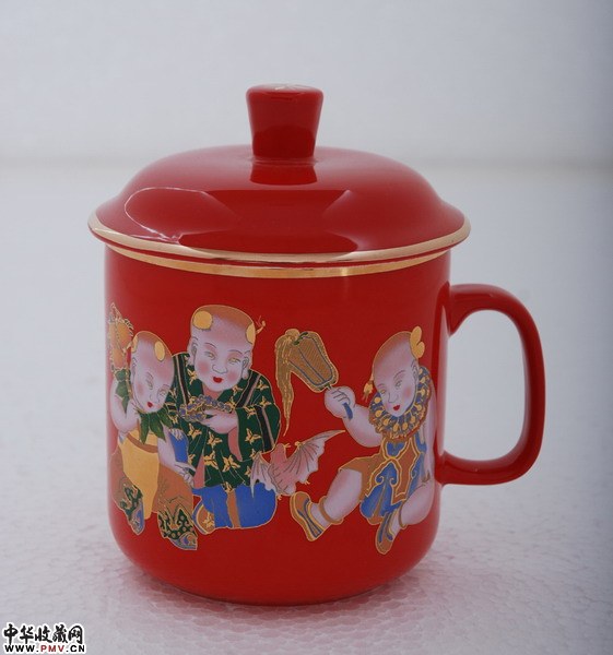 红瓷杯，将军杯，花面：童趣，高档杯，收藏礼赠佳品