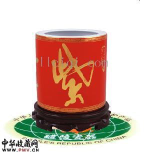 红瓷笔筒，大号笔筒紫气东来
