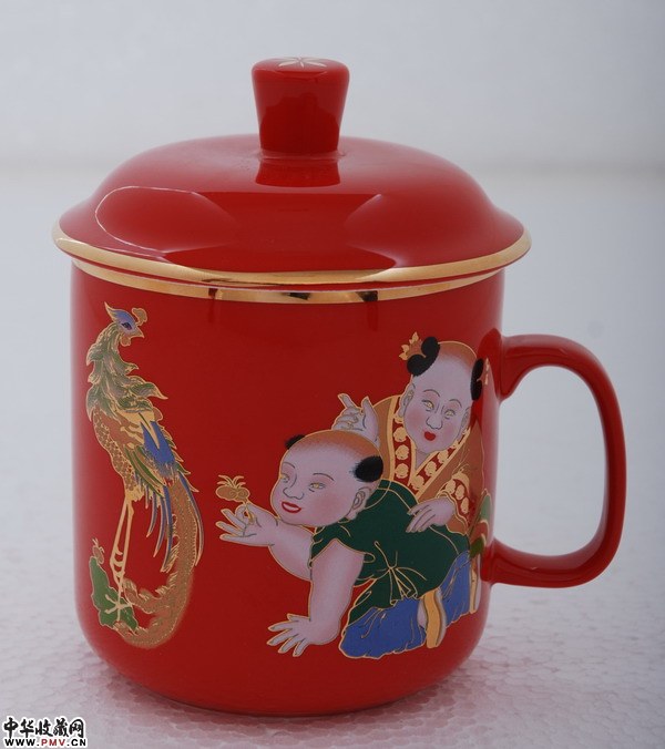 红瓷杯，中国红瓷杯，醴陵红瓷杯，骨瓷红瓷杯-将军杯凤凰童子红瓷杯，红瓷杯定制