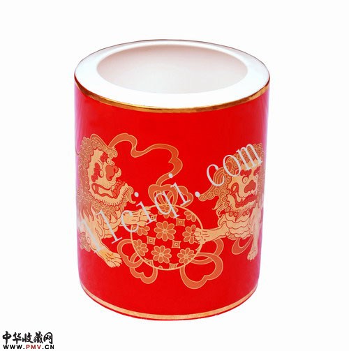 中国红瓷笔筒：双狮戏绣球，小号笔筒