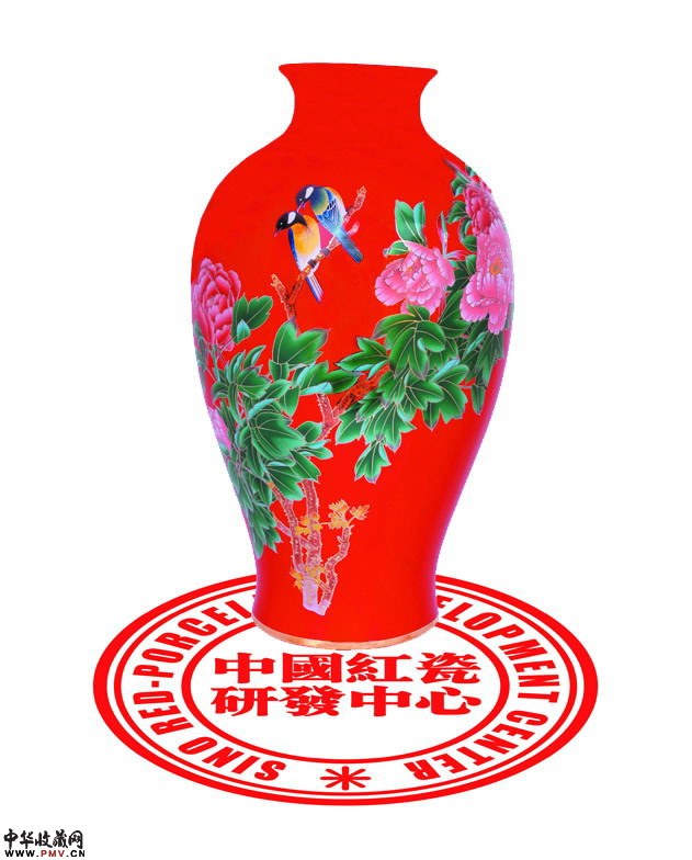 大口梅瓶喜上枝头，珍贵中国红瓷花瓶