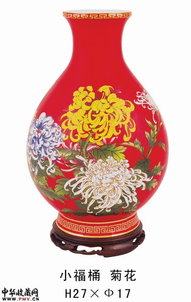 中国红瓷小福桶，菊花