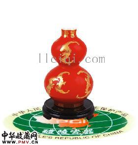 福到小葫芦瓶,中国红瓷描金花瓶,规格:19*12