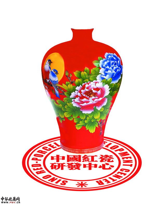 醴陵红瓷，鸣春小口梅瓶，红瓷花瓶，中国红瓷彩绘工艺