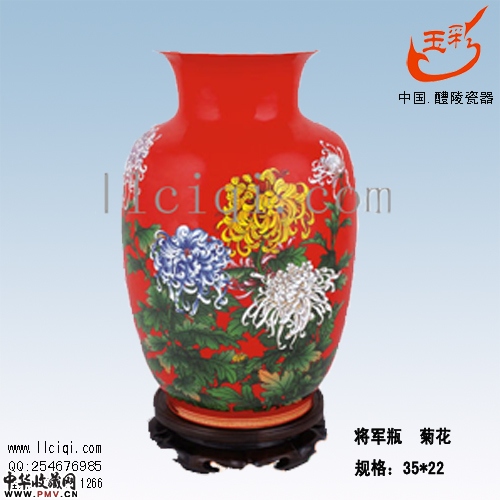 红瓷\\将军瓶菊花，中国红瓷花瓶，高档礼品收藏品