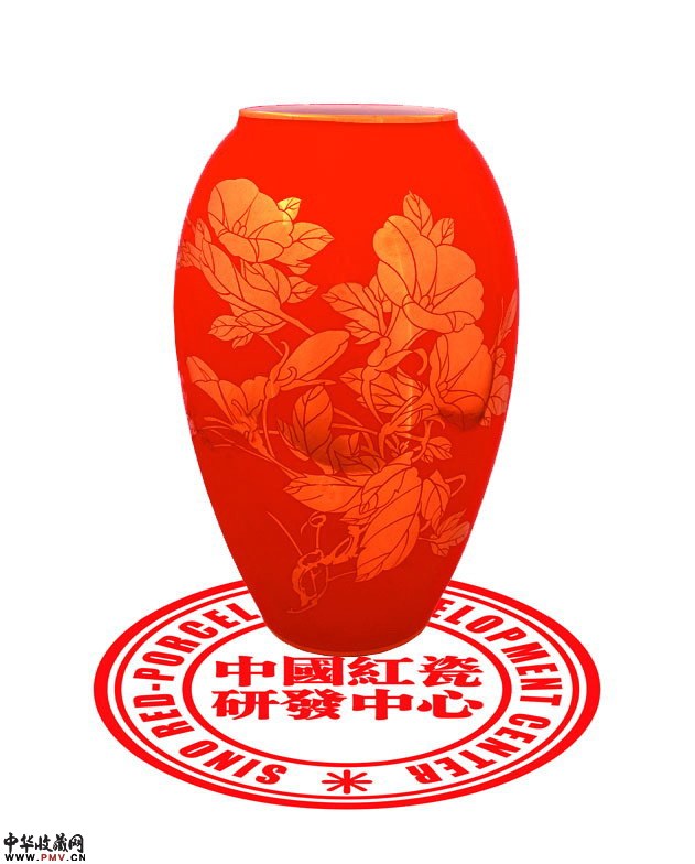 中国红瓷腰鼓瓶~金牵牛花，珍藏品