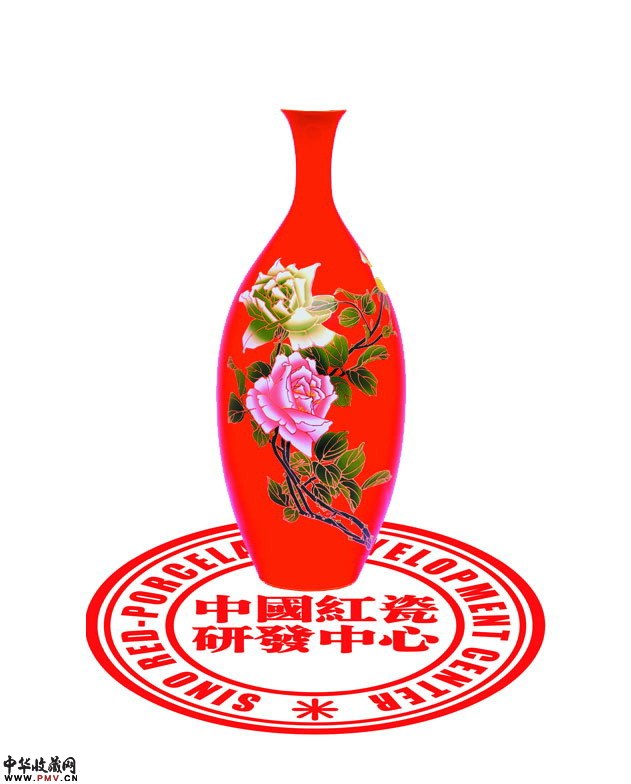 醴陵红瓷月季长颈小口橄榄瓶，中国红瓷花瓶，珍贵收藏品