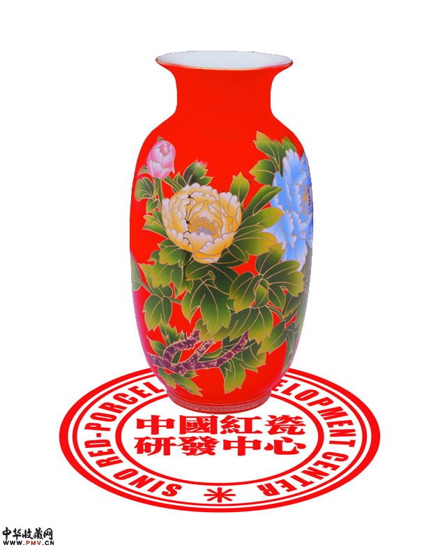 中国红瓷器金牡丹小将军瓶，醴陵红瓷花瓶