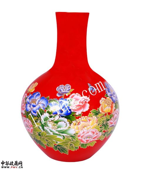 富贵满堂中国红瓷天球瓶