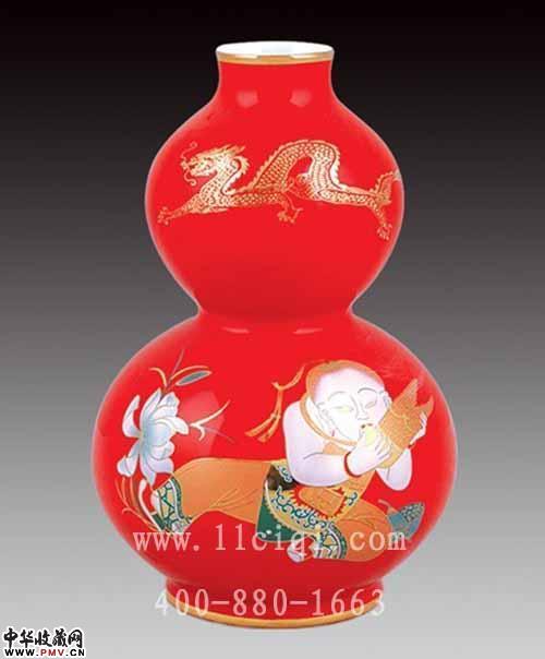 红瓷小葫芦瓶连生贵子，H20CM，婚庆礼品瓷，喜庆贺礼