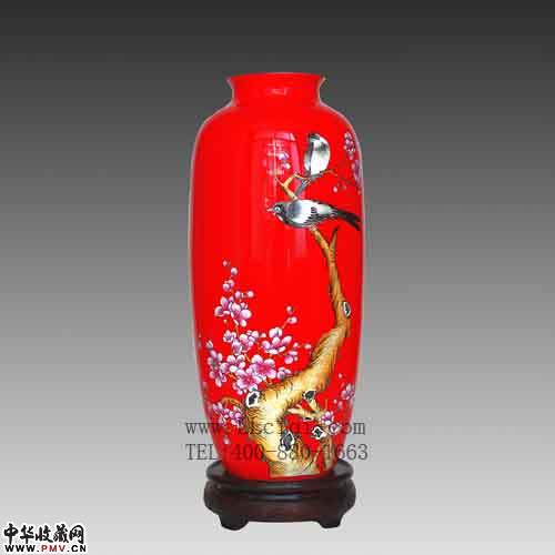醴陵红瓷胆瓶喜上眉梢，中国醴陵红瓷花瓶，醴陵手绘红瓷