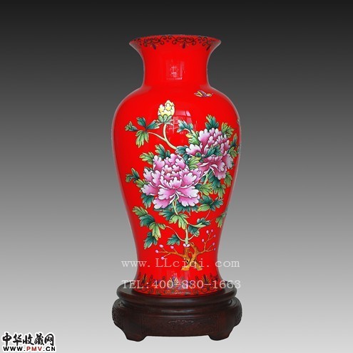 醴陵红瓷手绘鱼尾瓶，中国红瓷花瓶花开富贵，手绘红瓷礼品花瓶