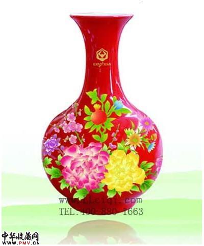 中国红瓷花瓶，欢乐长安，醴陵红瓷花瓶赏瓶，西安世园会红瓷花瓶