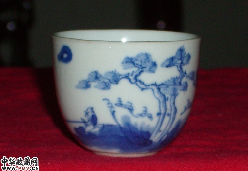 清*青花山水诗文杯