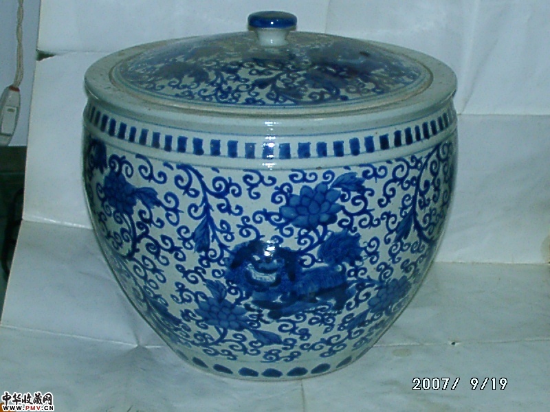 清青花缠枝师纹盖缸,已售