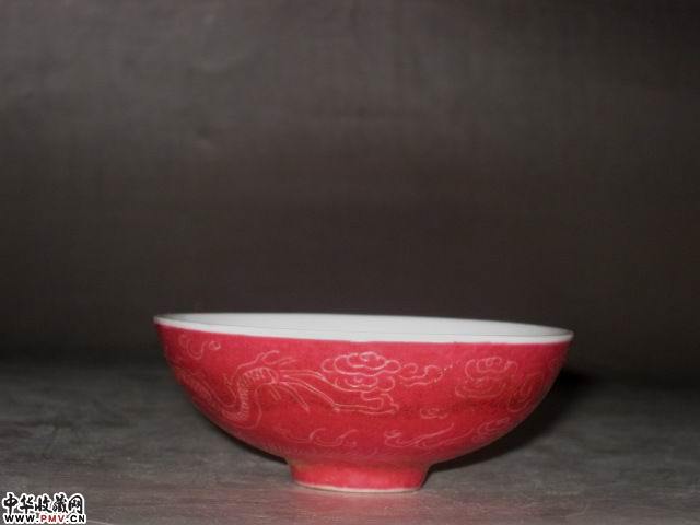 民国胭脂红印花龙纹盏一套四个 已售