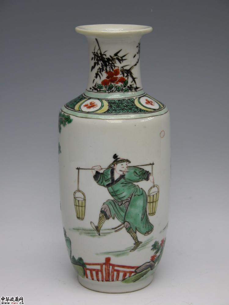 清時代 康熙五彩人物物語文瓶 西廂記棒槌瓶 花瓶(E-74) 康熙五彩