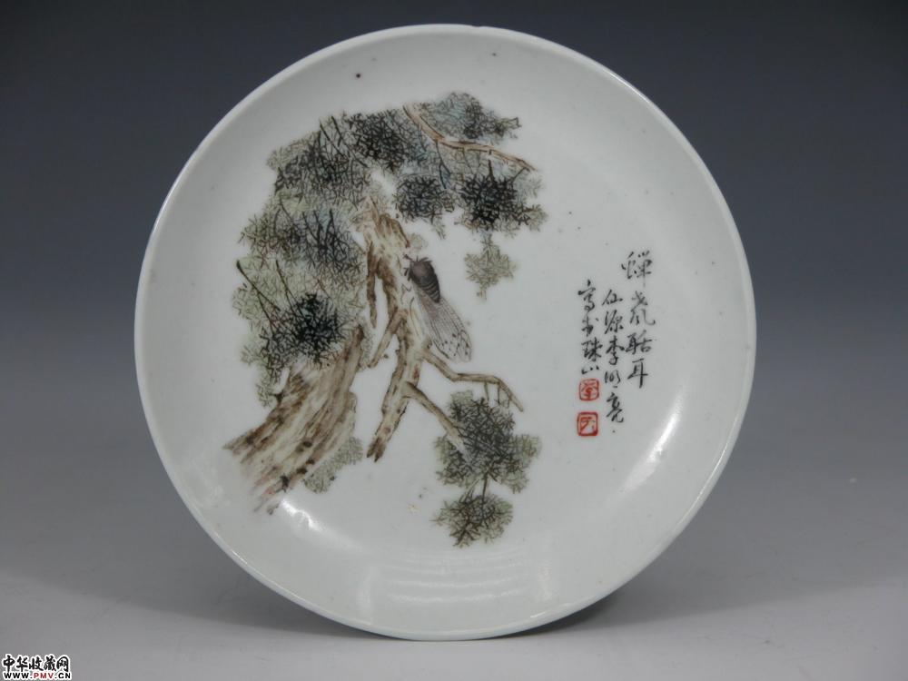 晚清浅绛彩碟(李明亮款)