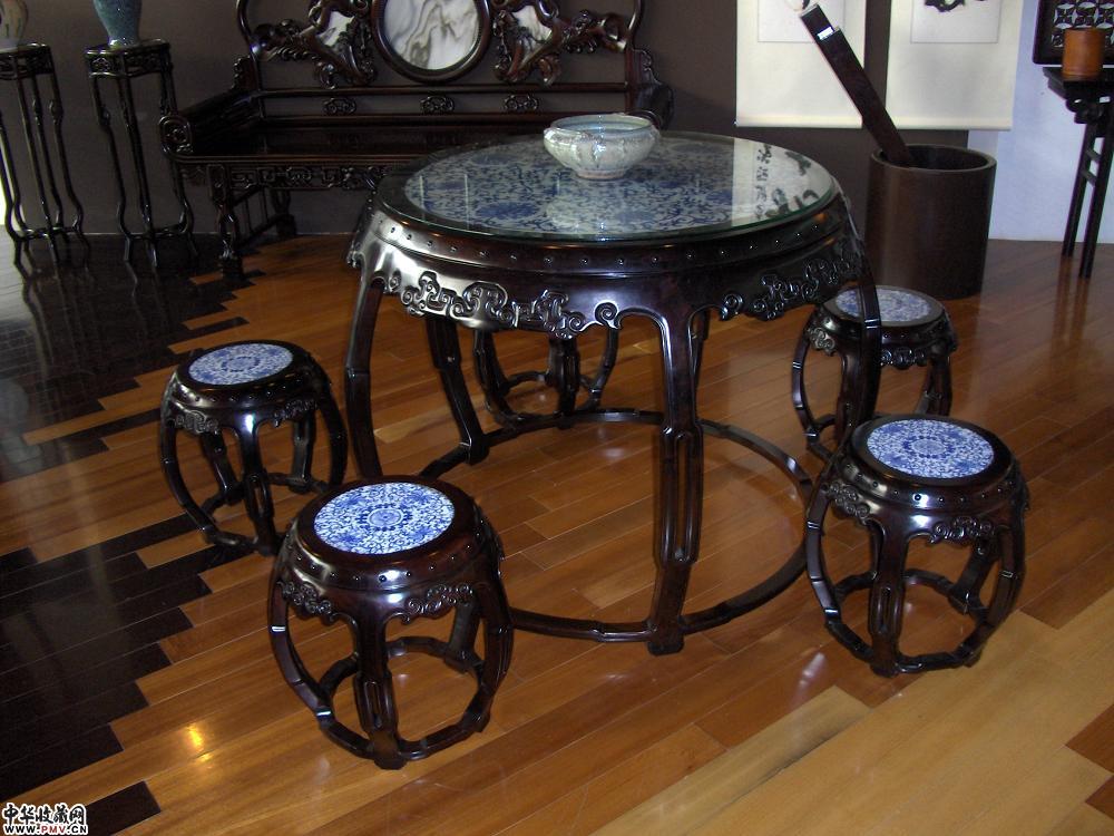 酸枝镶瓷板鼓台连椅5件／套