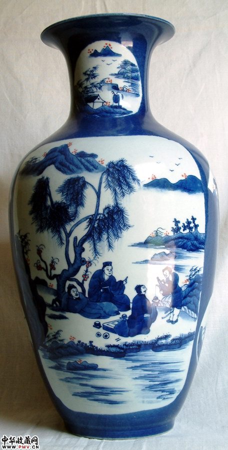 康熙洒兰釉青花山水人物瓶(官窑)