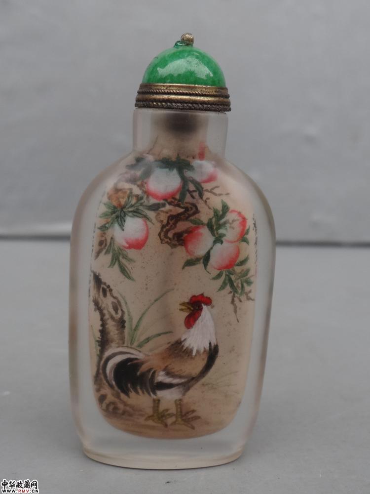 民国 叶仲三作料器内画大吉图鼻烟壶