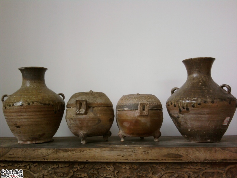西汉 原始青瓷瓶、鼎一套四件