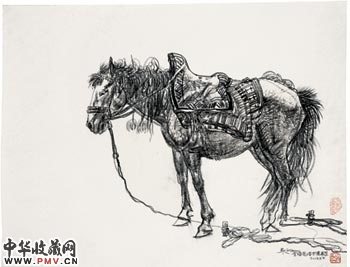 《藏骑》（炭笔、纸）50×65cm（青海果洛甘德草原）