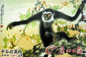 赵少昂作品《梨花猿猴》。