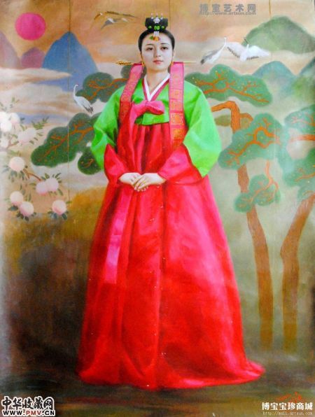 申金哲《穿着民族服装的女人》朝鲜油画BZ096782 申金哲《穿着民族服装的女人》朝鲜油画BZ096782