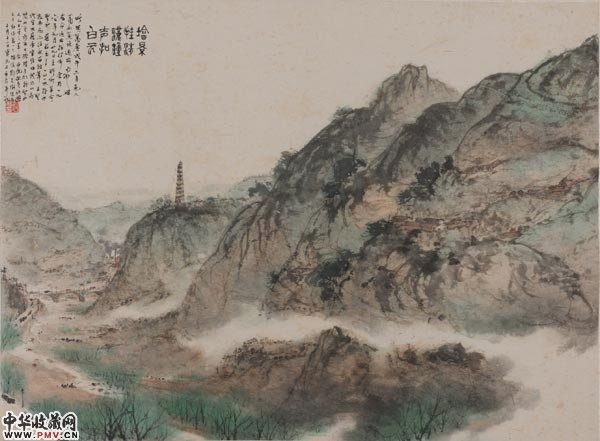 傅抱石《塔景钟声》 设色纸本 镜心 52*70.5cm