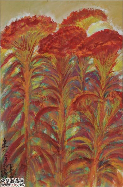 林风眠《鸡冠花》 68*44cm 设色纸本 镜框