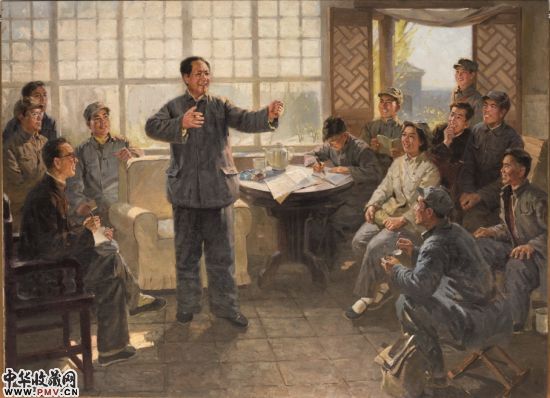 1972年《文武之道一张一弛――毛主席给晋绥日报编辑部人员的谈话》油画 苏光、王迎春、杨力舟合作