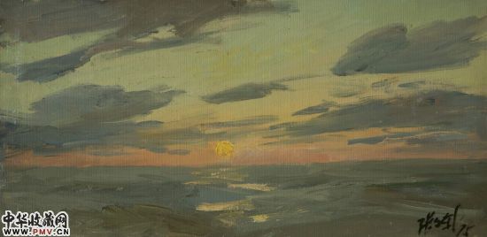 东海日出 1975 纸板油画 20x41