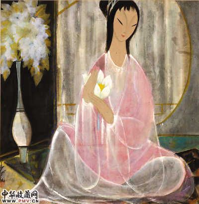 林风眠中国画《莲花仕女》，上海美术馆藏品。