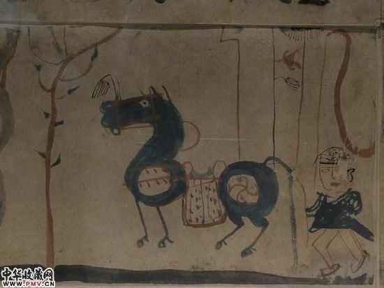中国保存最早的纸本画――吐鲁番阿斯塔那塔墓出土的《晋人生活图》中也有马的形象(局部)