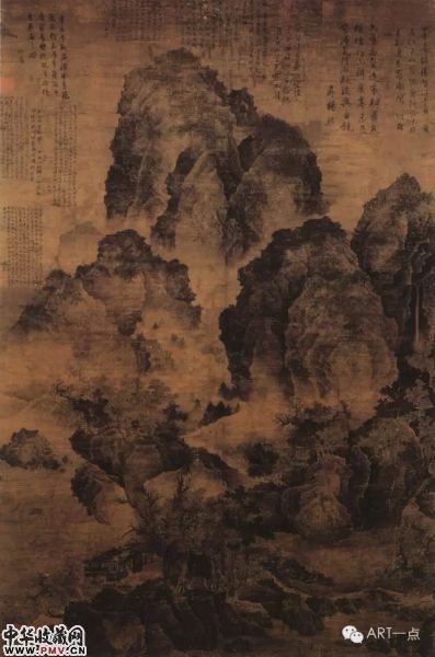 ▲ 北宋 范宽 《临流独坐图》 台北故宫博物院藏 绢本 淡设色 纵166.1厘米 横106.3厘米 ▲ 北宋 范宽 《临流独坐图》 台北故宫博物院藏 绢本 淡设色 纵166.1厘米 横106.3厘米